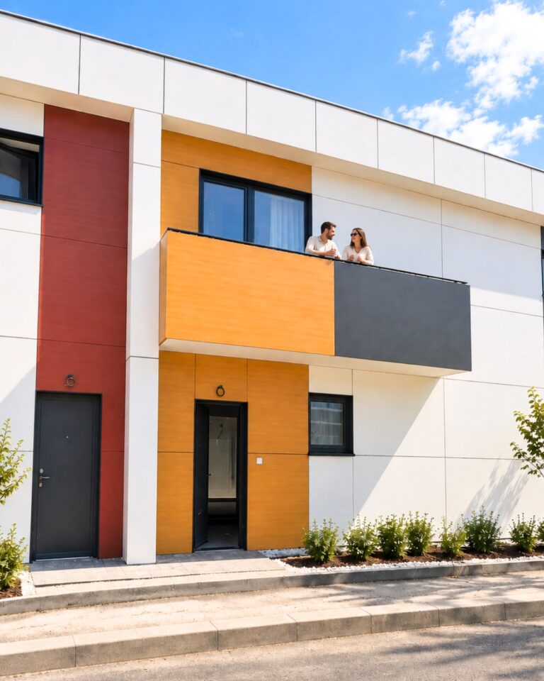 Fațada modernă a apartamentelor duplex cu balcon din cartierul The Village, Pipera