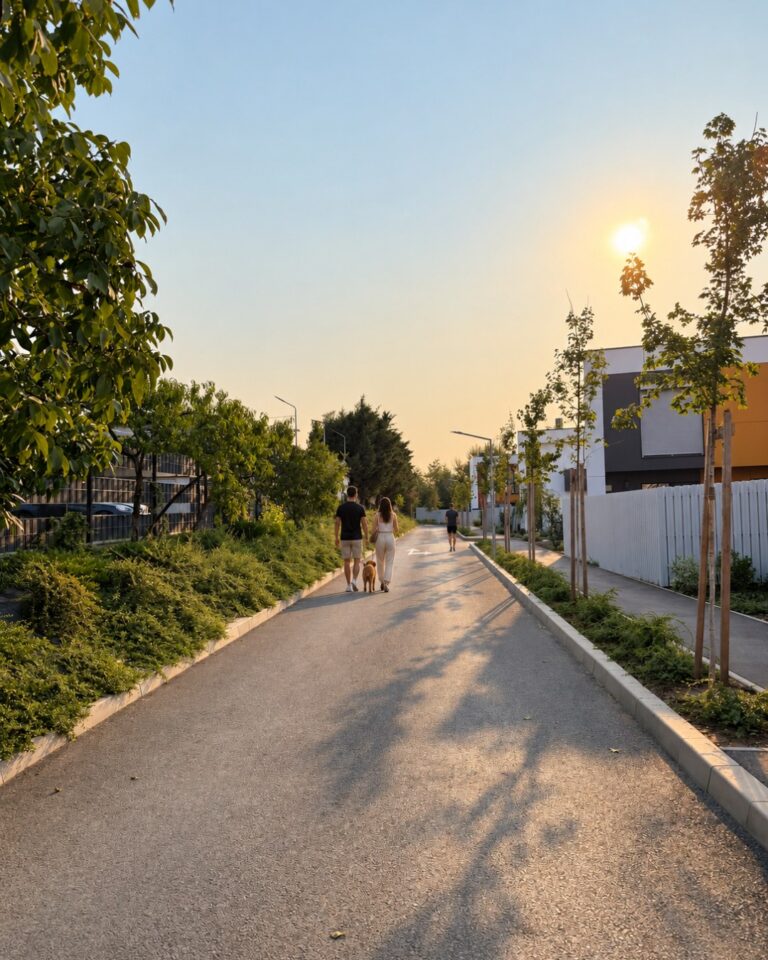 Cuplu la plimbare cu câinele pe o alee privată cu spații verzi în cartierul The Village